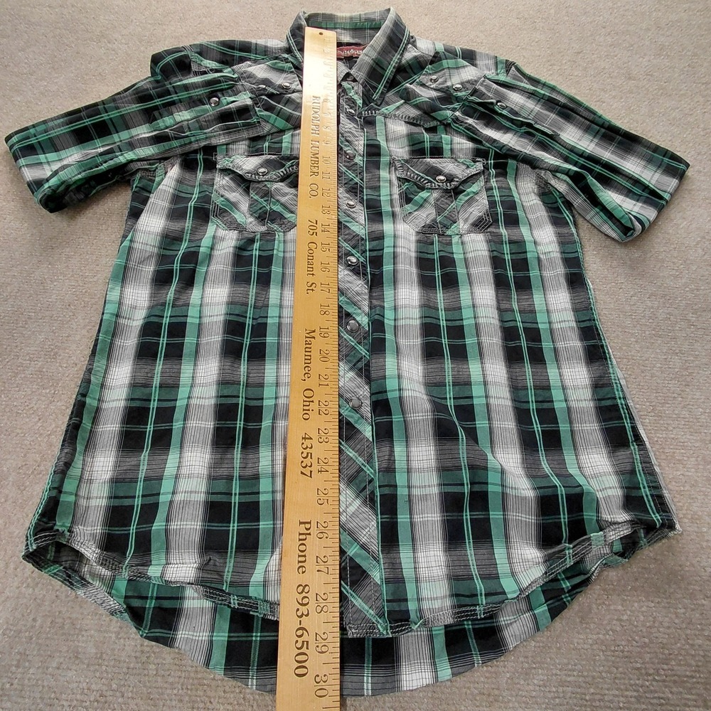 Rock & Roll Cowboy Shirt Men L Green Plaid Pearl Snap Thick Stitch Western Rodeo - Picture 11 of 16